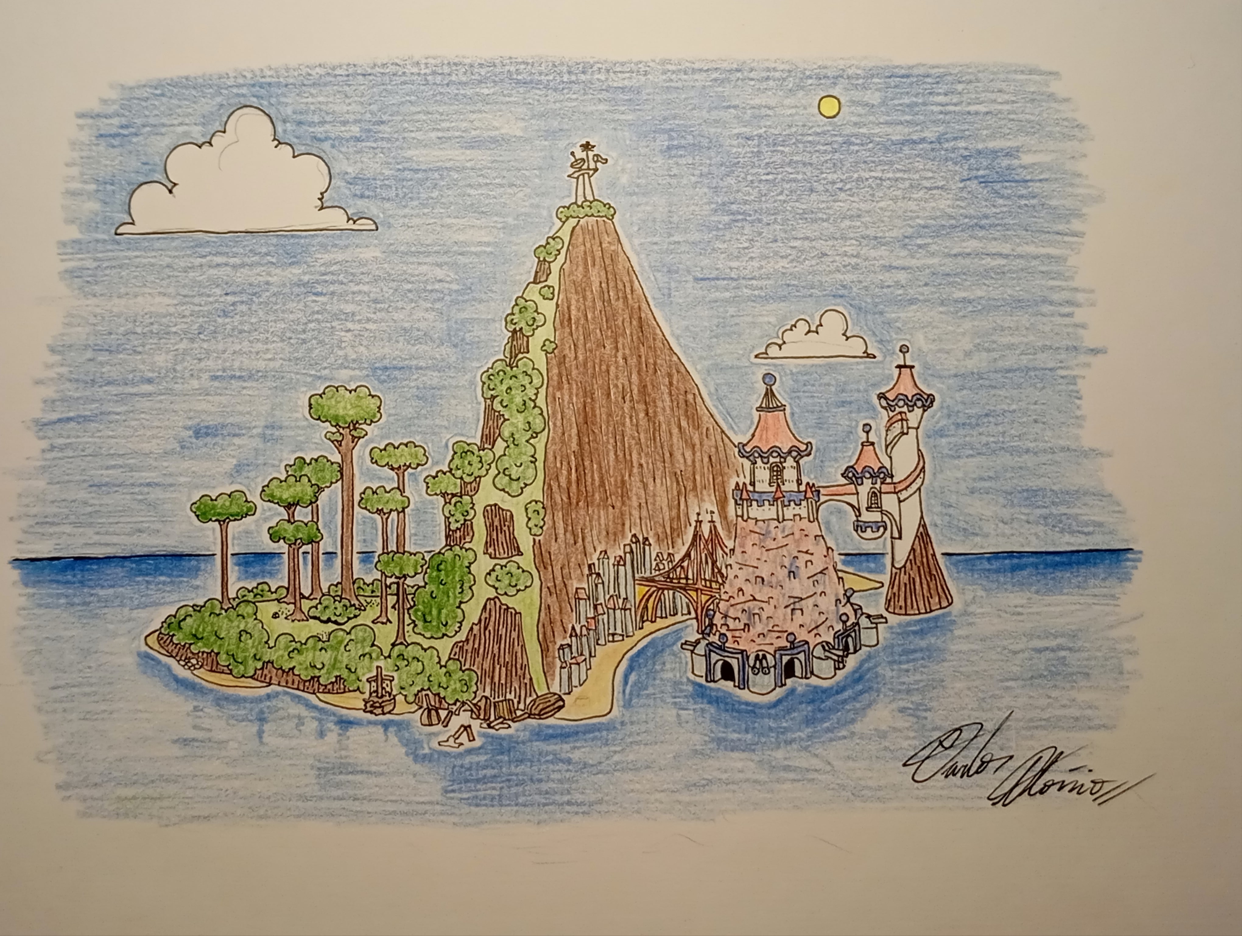 I made this island inspired by the state I currently lived, Santa Catarina. I imagine that it would be a filler island, between Alabasta and Skypea. <br> The twist of this island, is that the magnetism of the island is concentrated on a really small rock on the palace, making it impossible for pirates to progress in the Grand Line. So the straw hat pirates would need to climb the mountain, go to the city, infiltrate the palace and place the Log Pose near the Log Stone (magnet rock) so they can get outta there as fast as possible. There would also be a subplot about the giant Pine trees being cutted off for profit, and affecting the climate, but I didn't thought much about it.