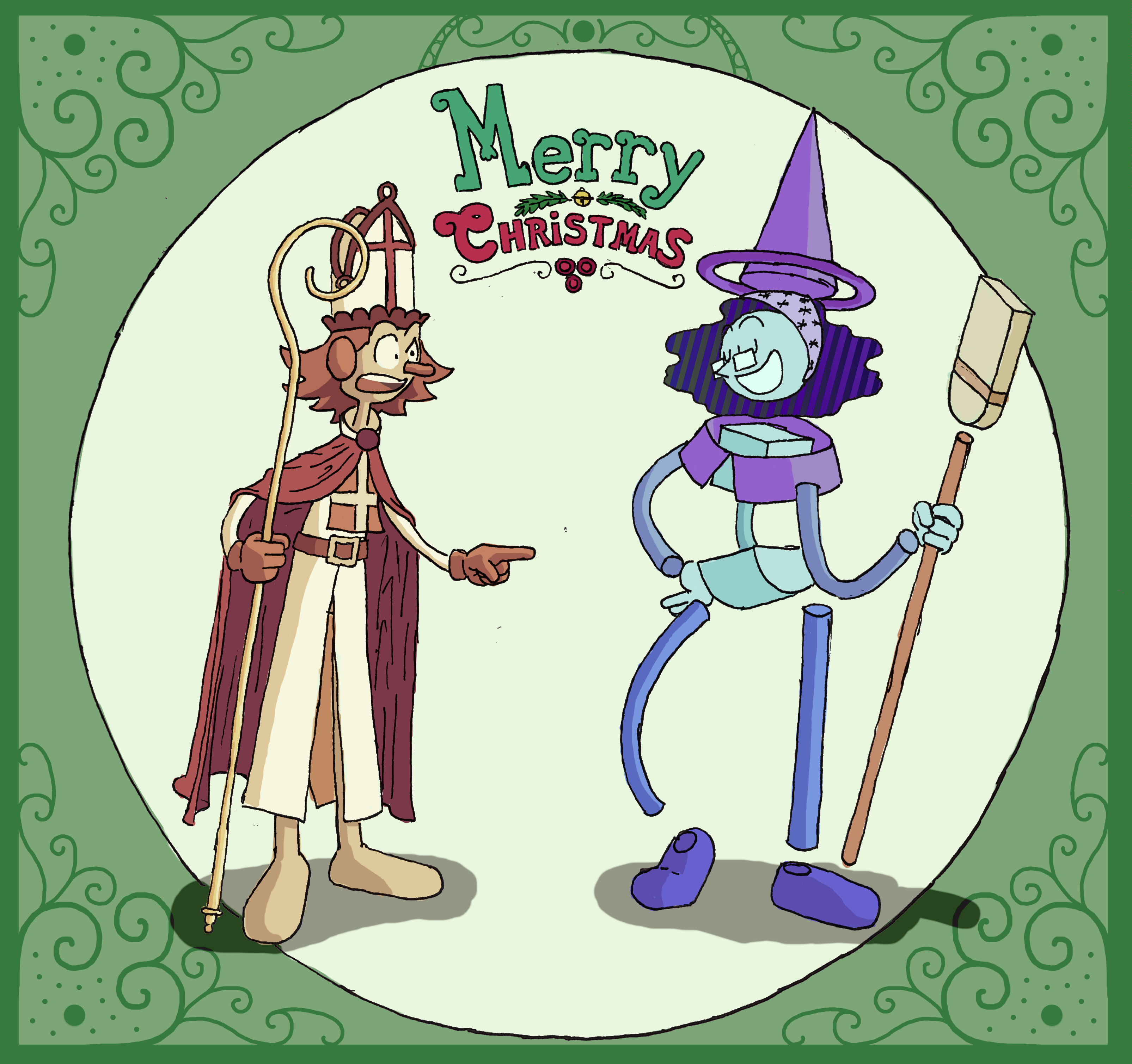 A christmas art piece that I made on last year Christmas; featuring two of my OCs Nhln and Abstract Entity from the animated short <a href='https://www.youtube.com/watch?v=C_D1fv2dE6Q'>Nhln Sonhante</a>, done at the animation jam Projeto Animajam edition of 2024 (the short is in portuguese).<br>Nhln is dressed as Sinterklaas, the dutch version of St. Nicholas who takes the role of Santa Claus in the Netherlands, and Abstract Entity is dressed as La Befana, a christmas witch that gives candy to children at christmas in Italy.
